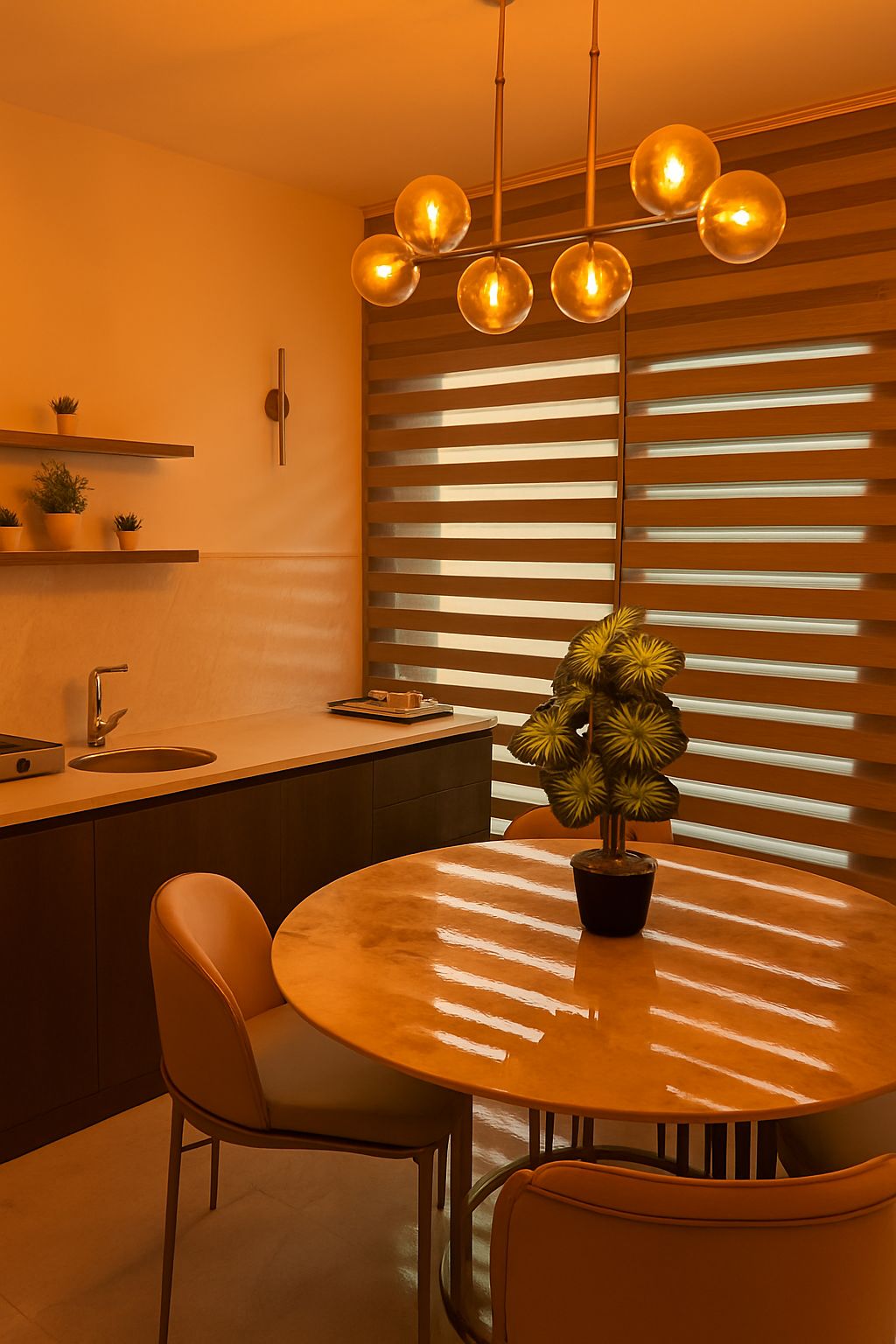 A modern kitchen with a round dining table, two chairs, a potted plant, and a pendant light fixture.