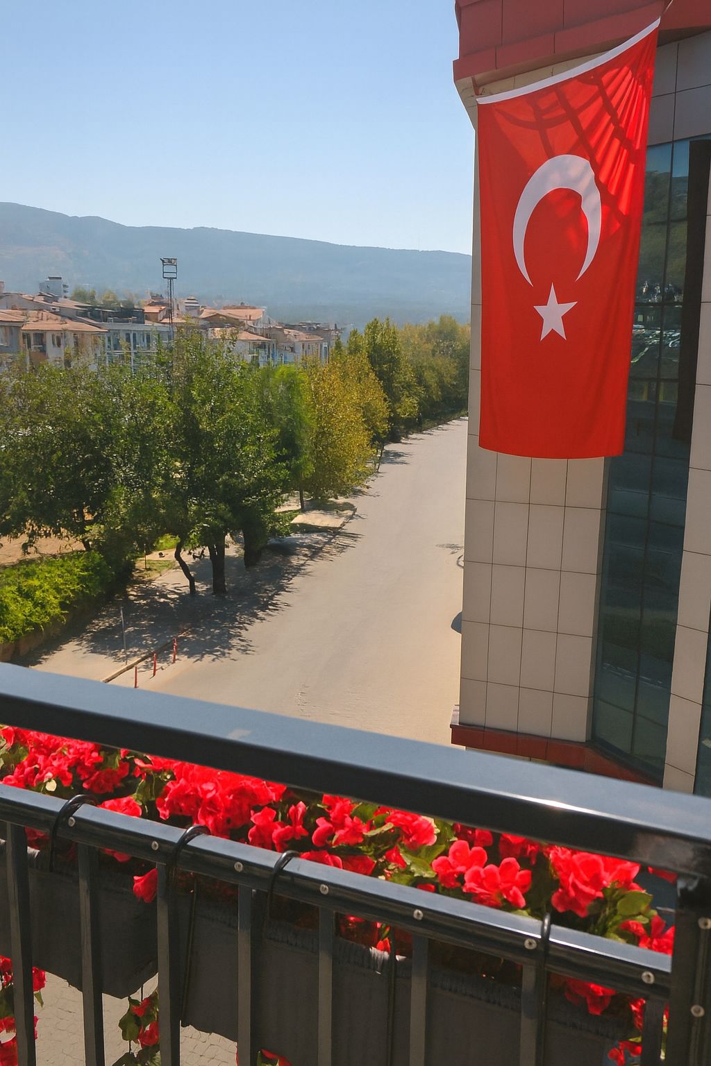 A balcony with a view of a street lined with trees and buildings, a red flag with a crescent and star, and red flowers in the foreground.
