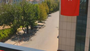 A balcony with a view of a street lined with trees and buildings, a red flag with a crescent and star, and red flowers in the foreground.