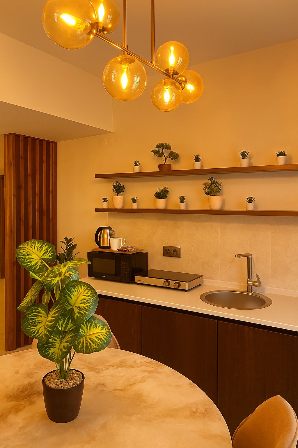 A modern kitchen with a round dining table, a potted plant, a coffee maker, a microwave, a toaster, and a stainless steel sink.