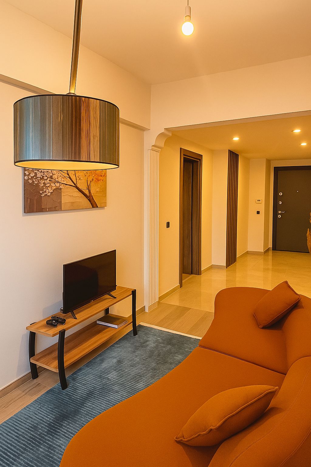 Ein modernes Wohnzimmer mit Fernseher auf Holzständer, einem großen orangefarbenen Sofa und einer stilvollen Pendelleuchte.