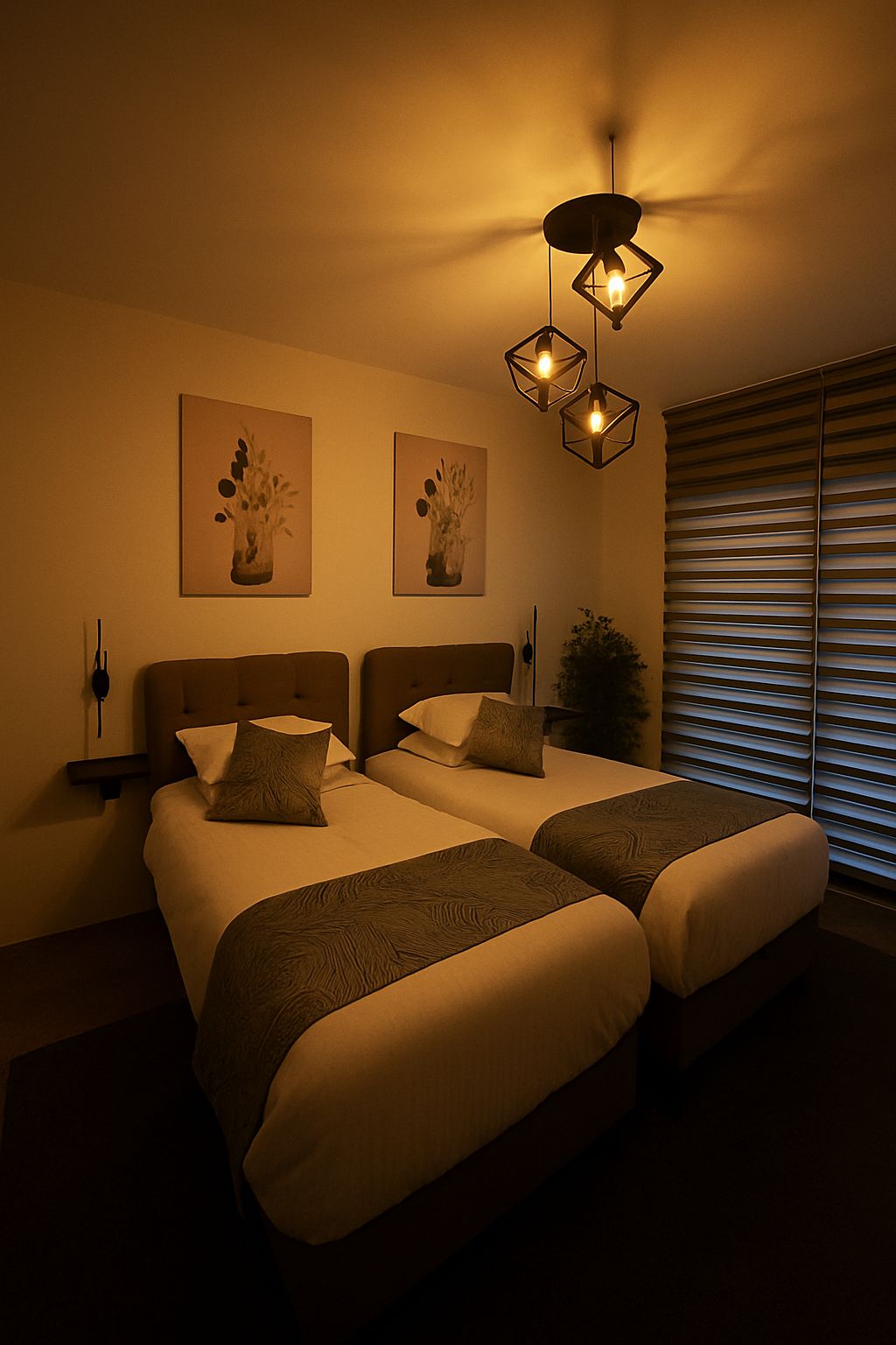 A hotel room with two beds, a large window with blinds, and a ceiling light fixture.