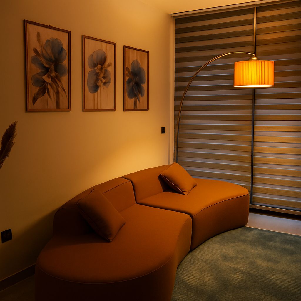 A modern living room with a curved sofa, a floor lamp, and three framed floral artworks on the wall.