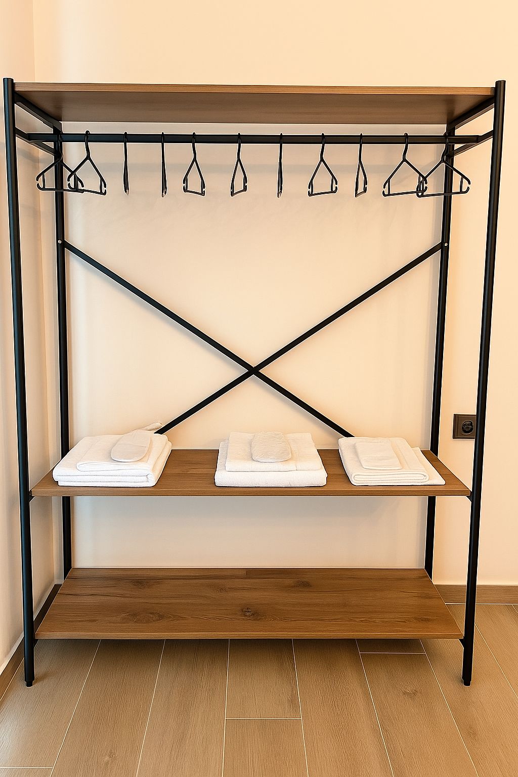 A metal rack with multiple shelves and hooks, with folded white towels on the bottom shelf.