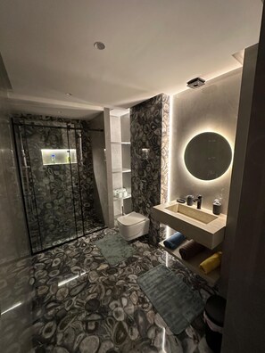Shower, towels, soap, toilet paper