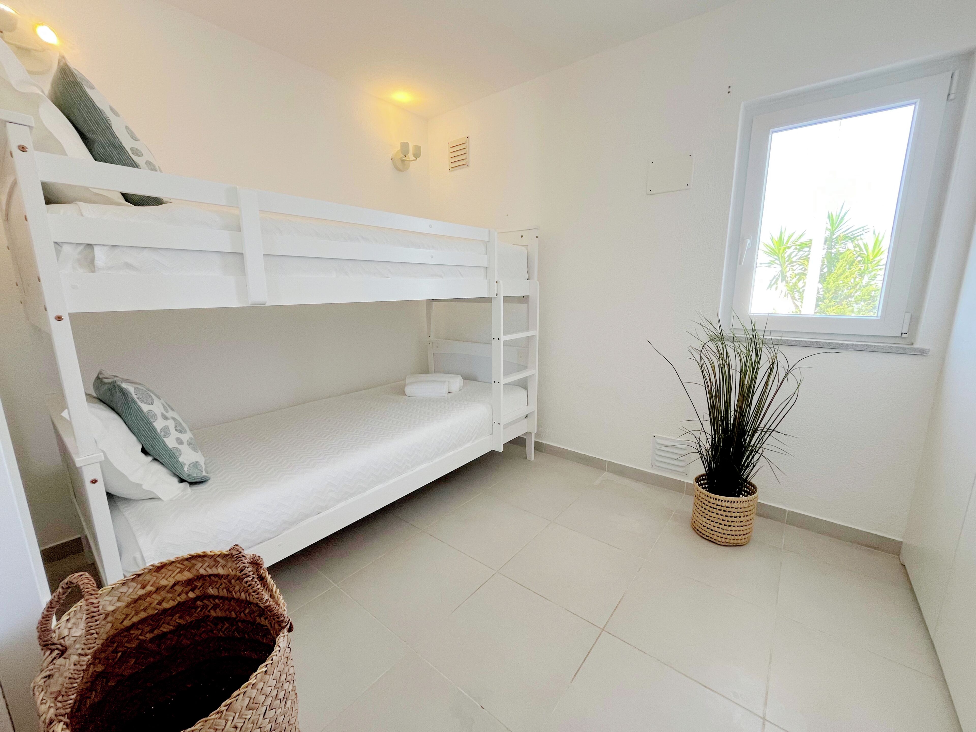 Une chambre avec un lit superposé, une fenêtre et une plante en pot.