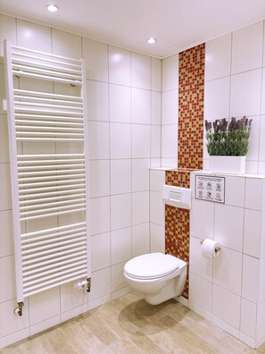Shower, hair dryer, towels, soap