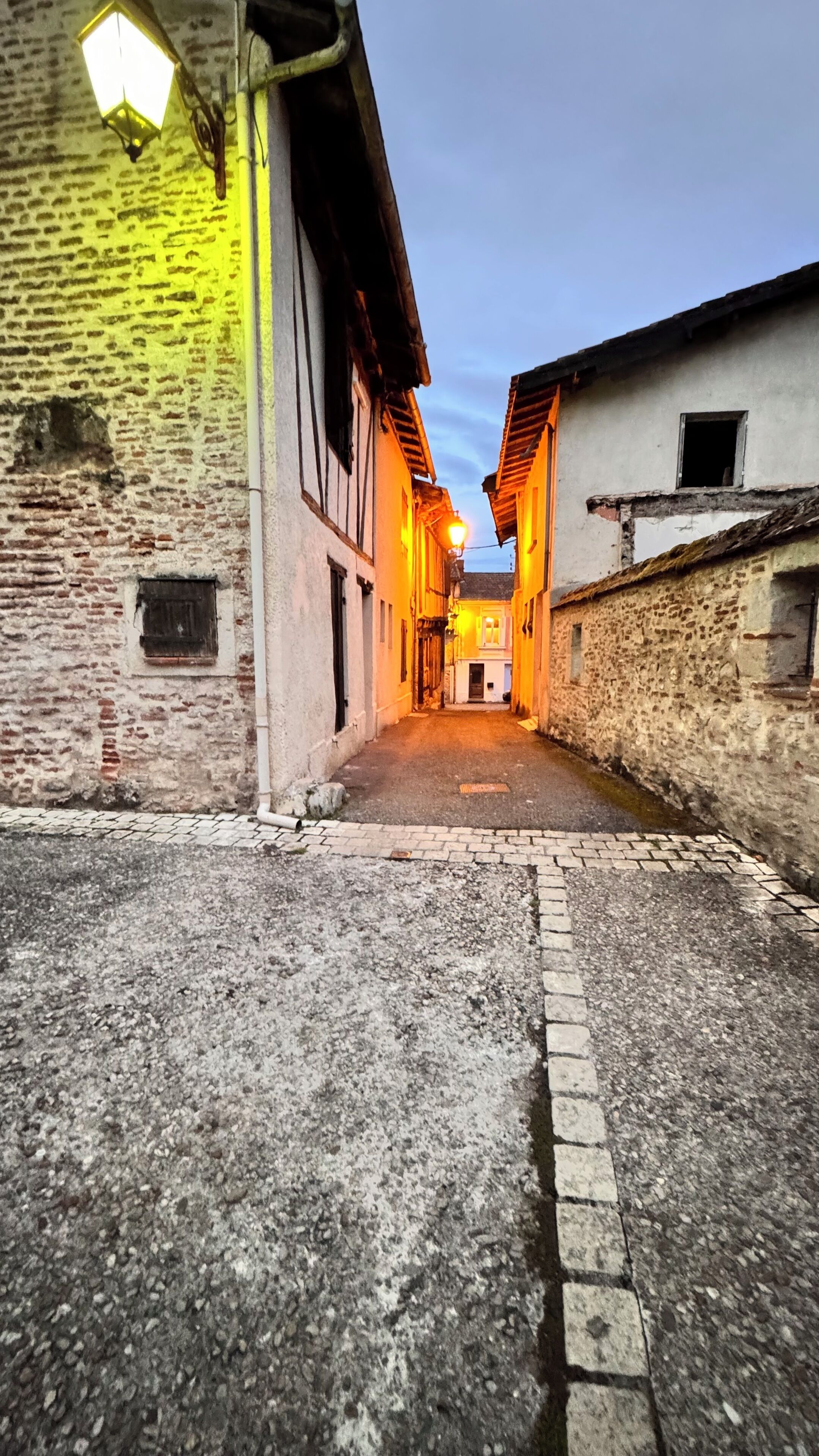 Un carrer estret amb edificis a ambdós costats, un camí de pedra i un fanal.