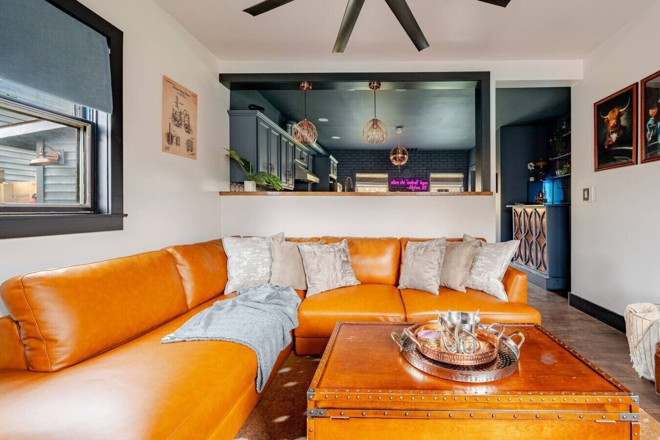 TV, fireplace, books, music library
