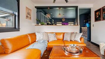 TV, fireplace, books, music library