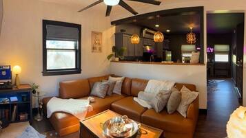 TV, fireplace, books, music library