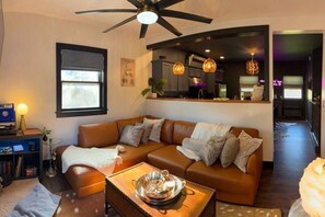 TV, fireplace, books, music library