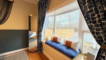 Smart TV, fireplace, books, music library
