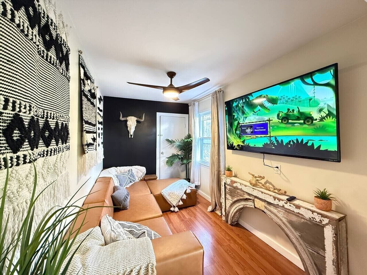 Smart TV, fireplace, books, music library