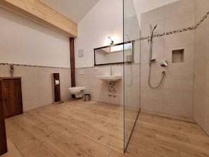 Dusche, Haartrockner, Handtücher, Toilettenpapier