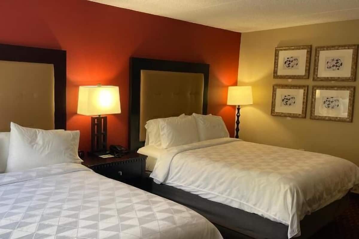 A hotel room with two beds, a nightstand, a lamp, and a wall with framed pictures.