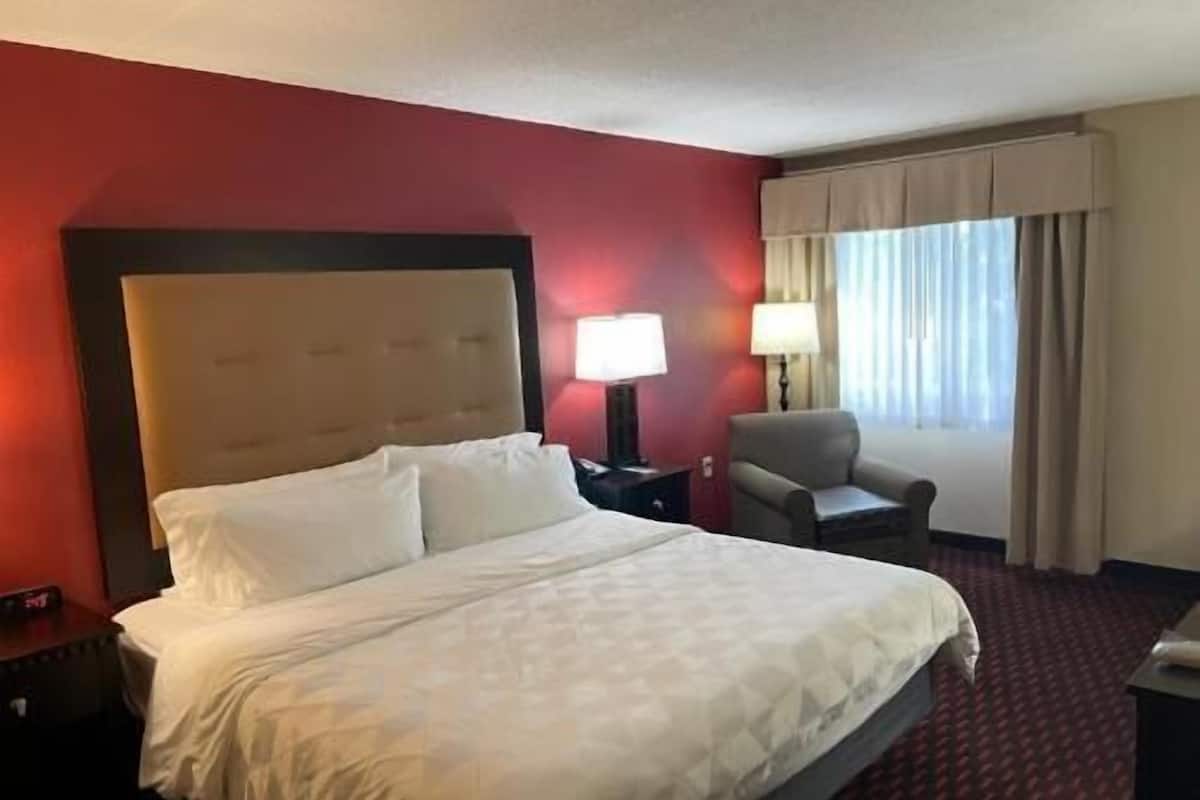 A hotel room with a large bed, a nightstand, a chair, and a window with curtains.
