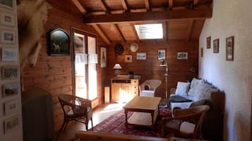 Televisie, een open haard, een dvd-speler en boeken