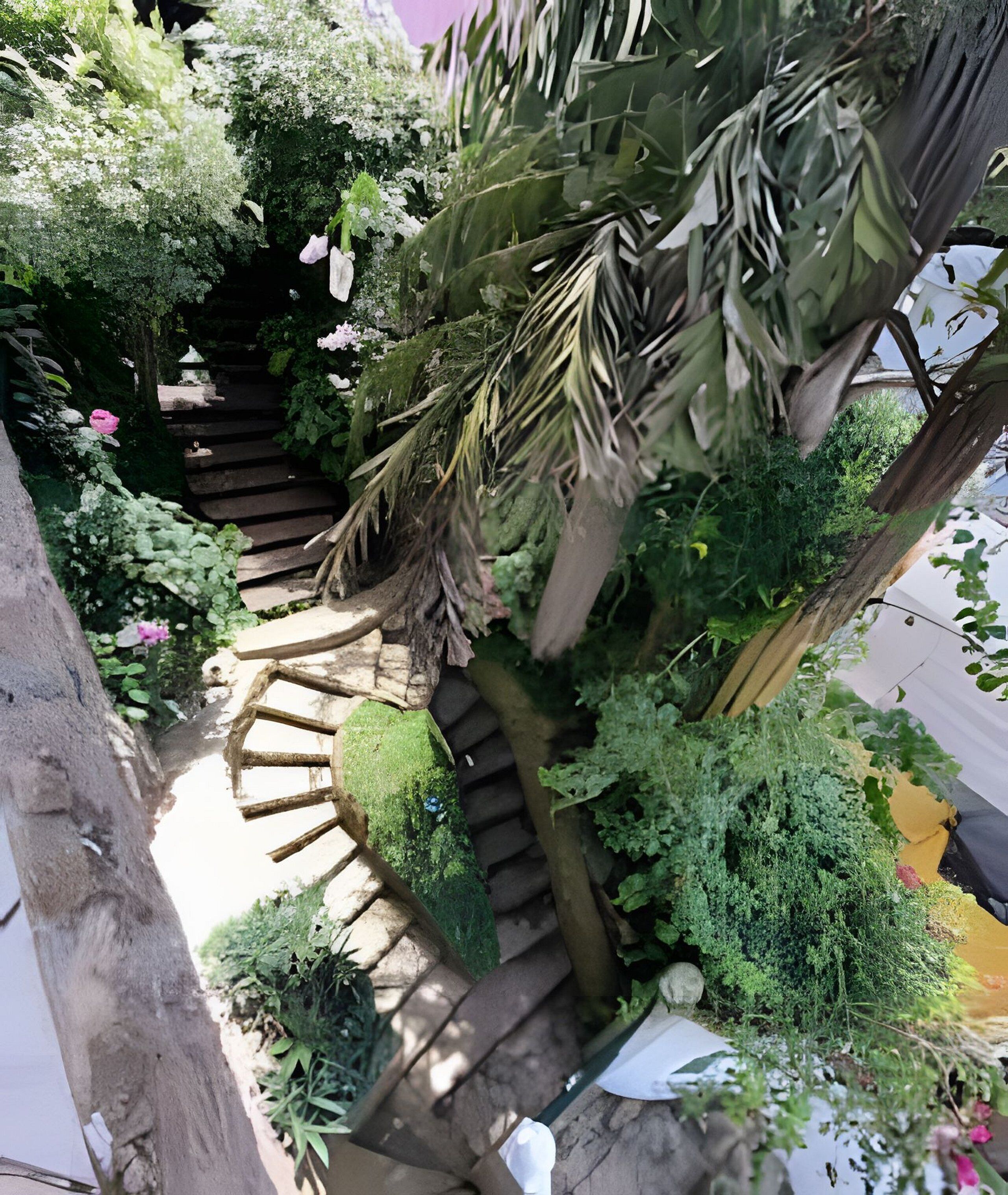 Un escalier en colimaçon, entouré d’une végétation luxuriante et de plantes en fleurs.