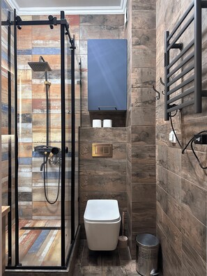 Hair dryer, towels, soap, toilet paper