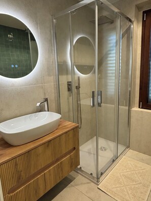 Shower, hair dryer, bidet, towels