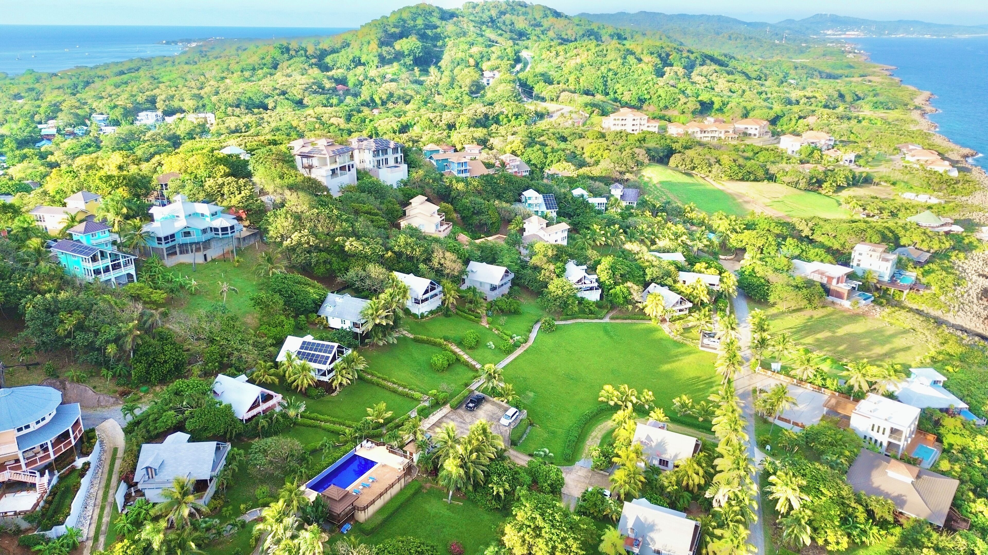 An aerial view of a residential area with houses, a swimming pool, and lush greenery.