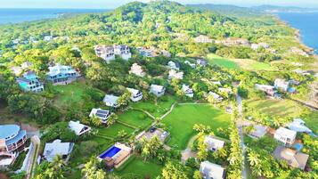 An aerial view of a residential area with houses, a swimming pool, and lush greenery.