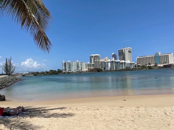 On the beach, sun loungers