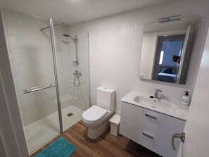 Hair dryer, towels, soap, shampoo
