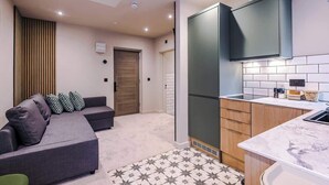 A modern kitchen with a built-in stove, a large cabinet, and a countertop with a sink. - Modern 2-Bedroom Apartment with Parking (Conwy Principal Area)