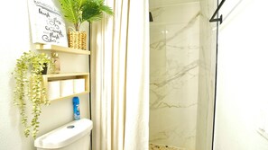 Hair dryer, towels, soap, toilet paper
