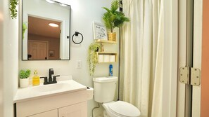 Hair dryer, towels, soap, toilet paper