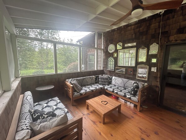 Smart TV, chimenea, reproductor de DVD, libros