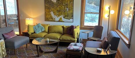 TV connectée, cheminée, lecteur de DVD, livres