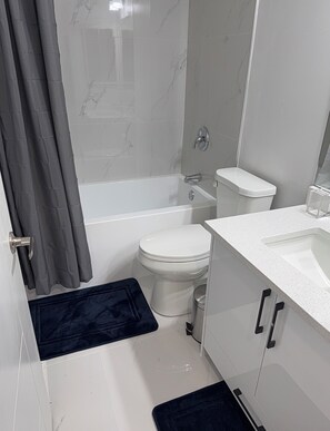 Hair dryer, towels, soap, shampoo