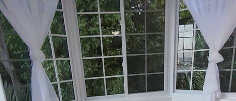 Une chambre à coucher avec un lit, une fenêtre avec des rideaux et une vue sur la verdure à l’extérieur.