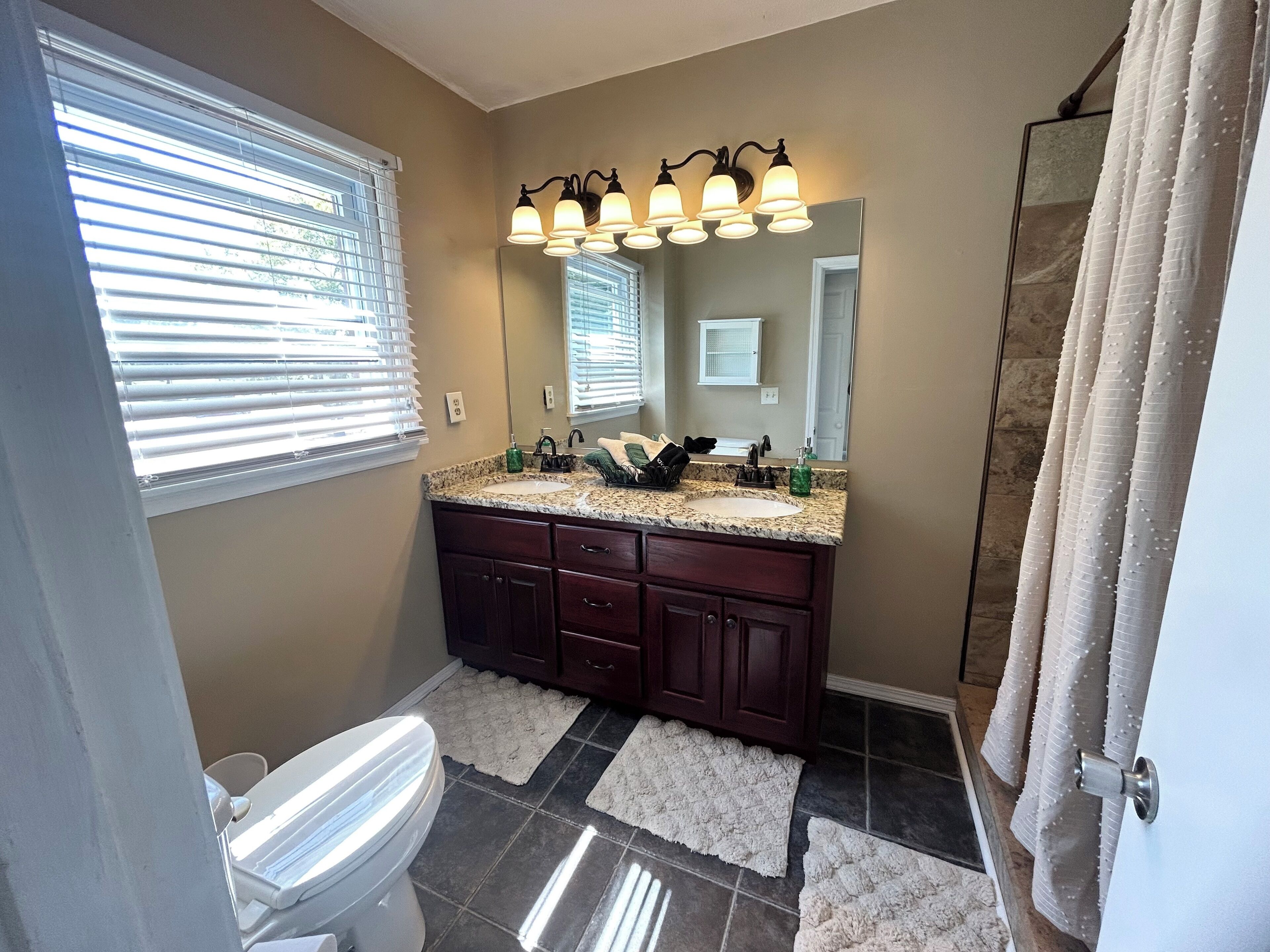 Hair dryer, towels, soap, shampoo