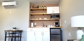 Fridge, microwave, coffee/tea maker, electric kettle