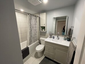 Hair dryer, towels, soap, toilet paper