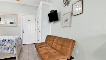 A room with a bed, a brown sofa, a television, and a door.