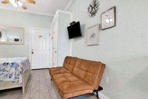 Ein Zimmer mit einem Bett, einem braunen Sofa, einem Fernseher und einer Tür.