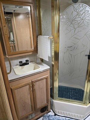 Shower, hair dryer, towels, soap