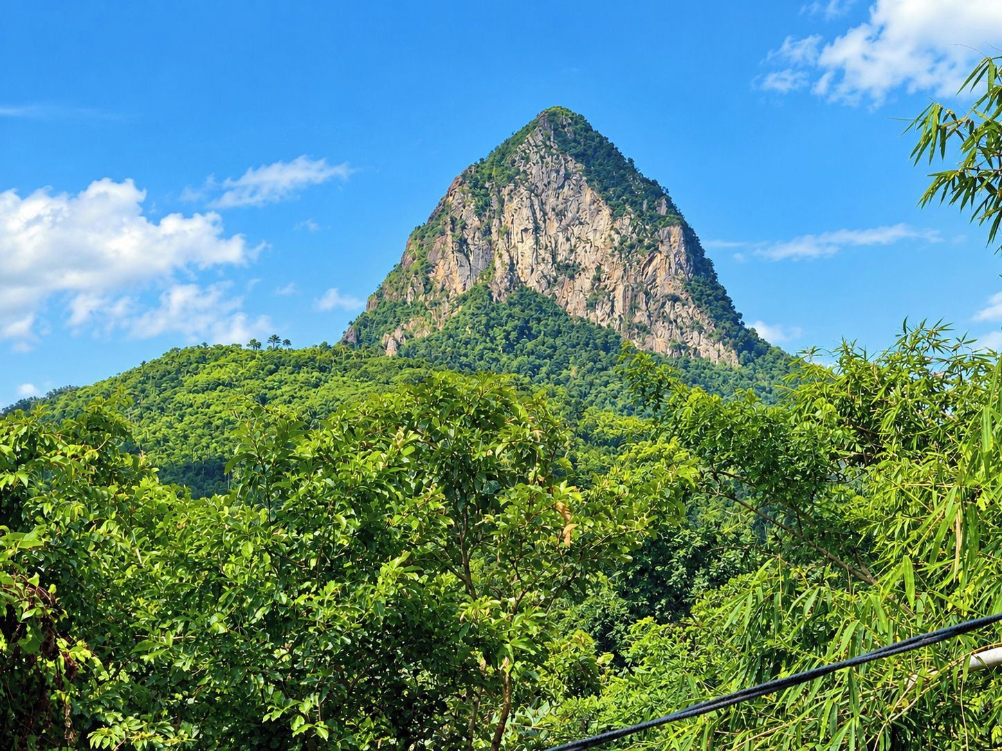 A mountain with dense green vegetation at its base.