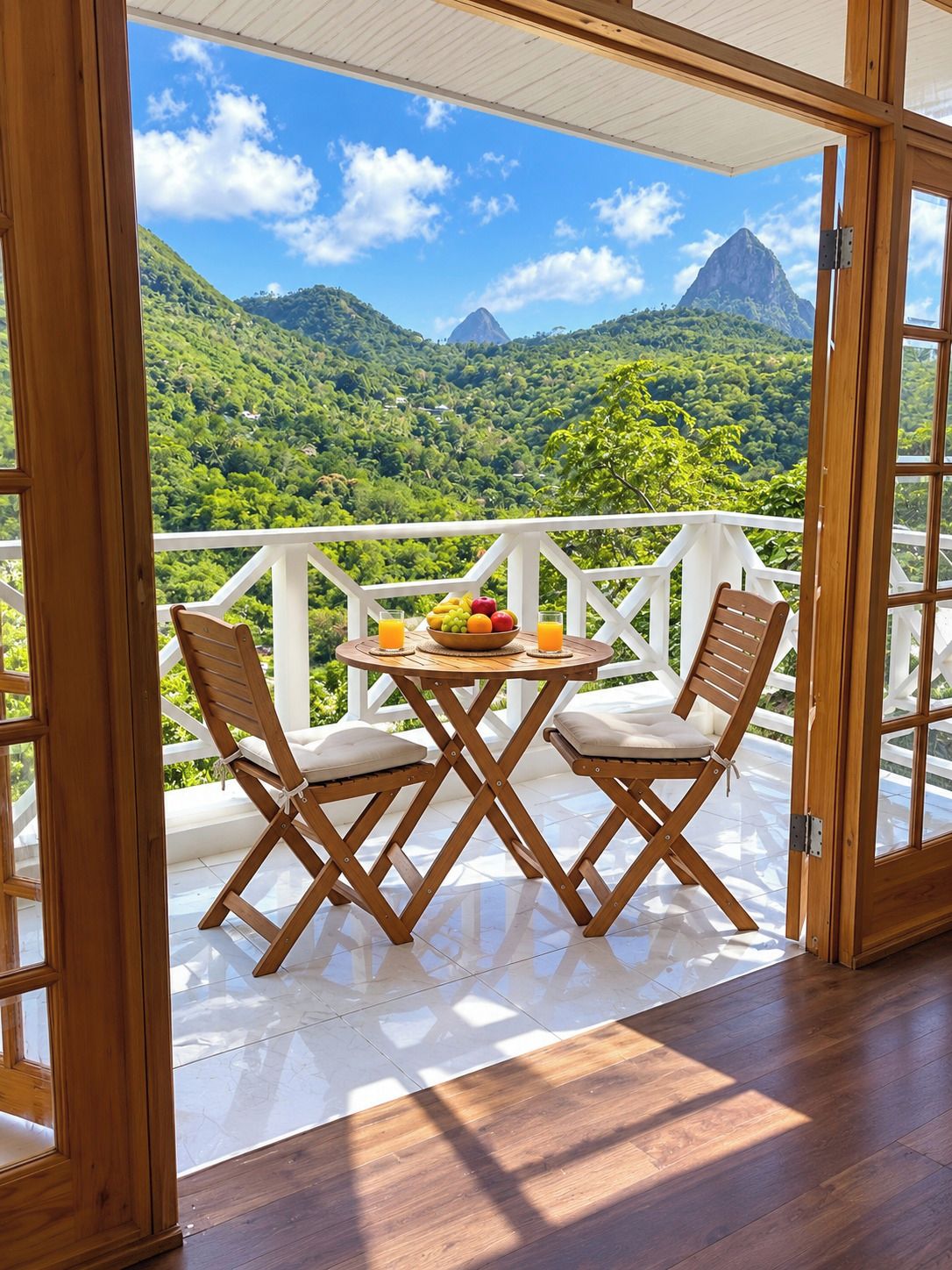 Un balcon en bois, agrémenté d’une table et de deux chaises, qui offre une vue sur un paysage verdoyant et luxuriant, avec une montagne qui se profile à l’horizon.