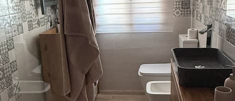 Shower, hair dryer, bidet, towels