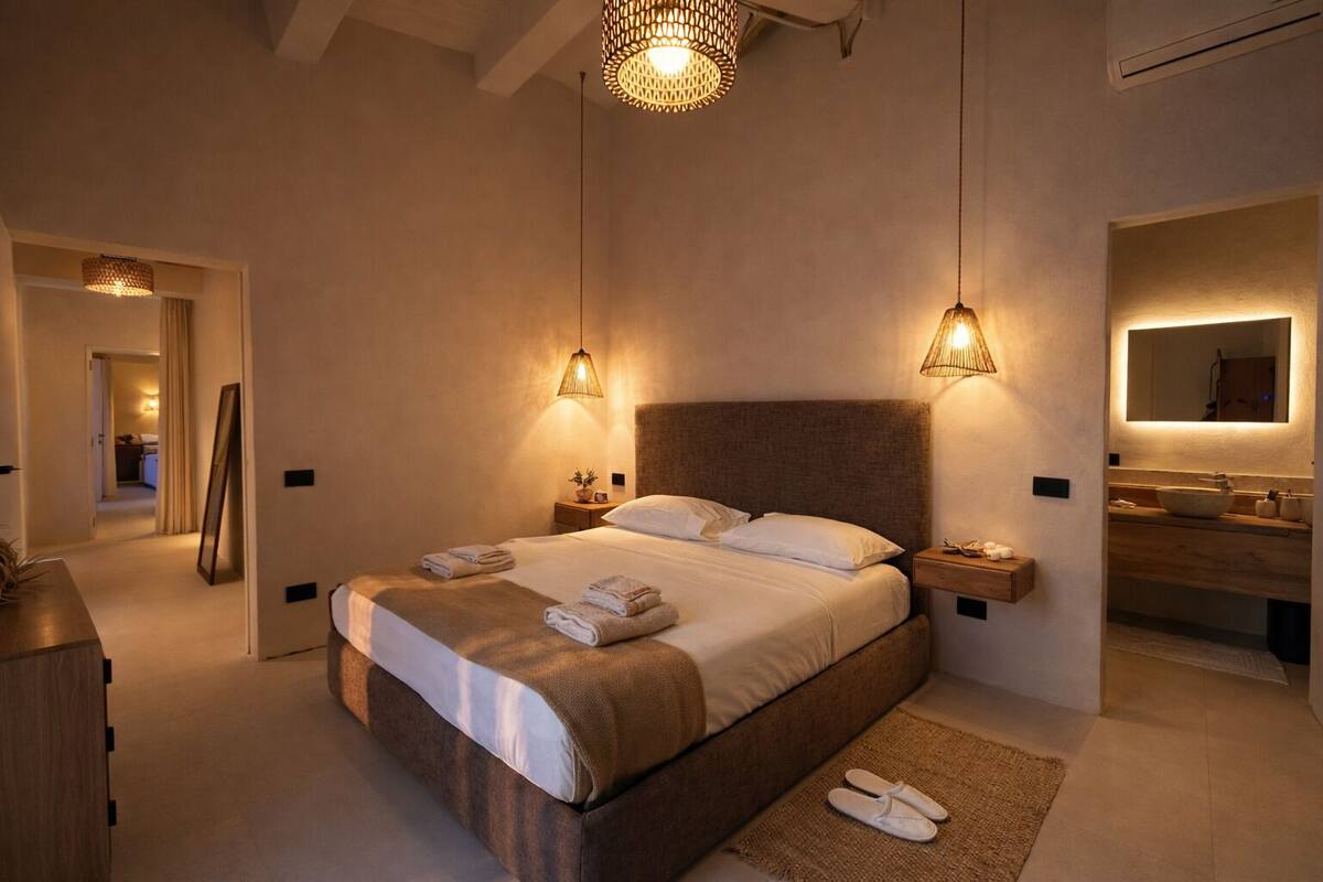 Une chambre moderne avec un grand lit, des tables de chevet, un miroir et une salle de bain équipée d’un lavabo et d’un miroir.