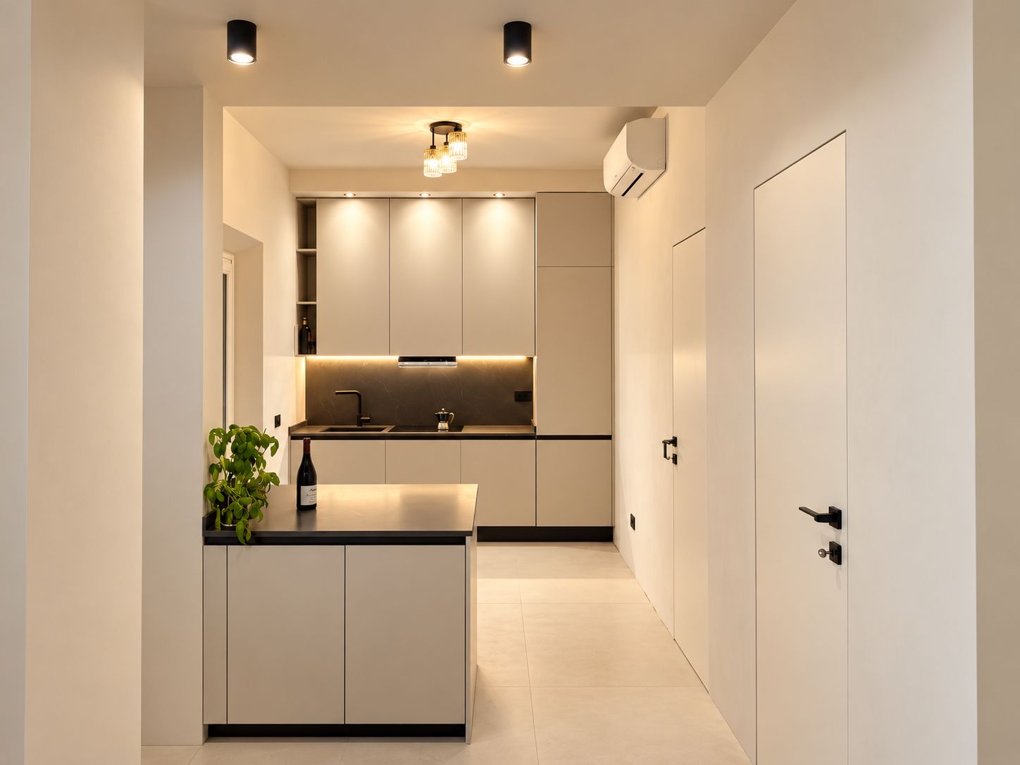 Una cucina moderna con armadi a muro, un'isola centrale e illuminazione sotto i pensili.