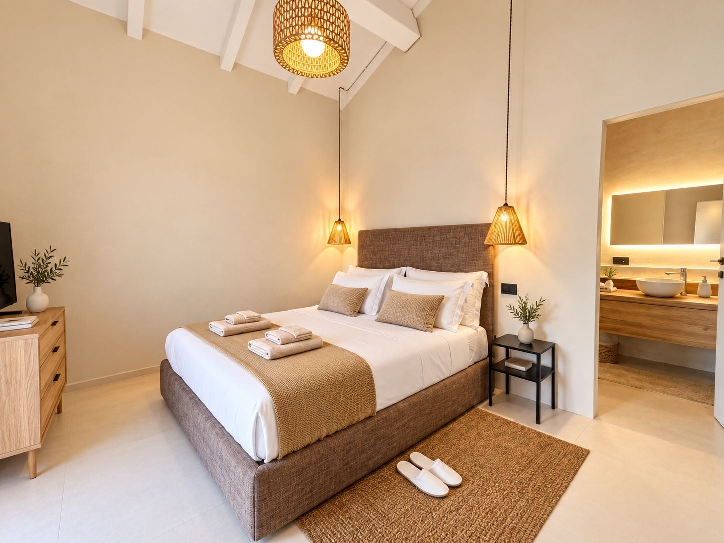 A modern bedroom with a large bed, bedside lamps, a TV, and a bathroom visible through an open door.