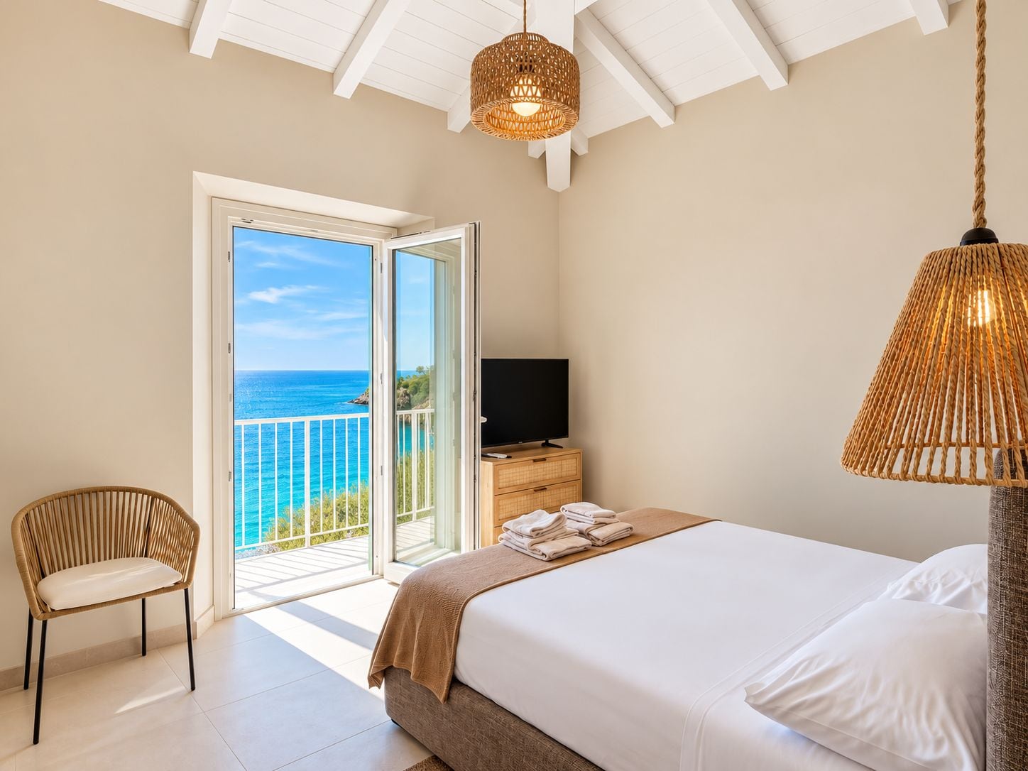 A bedroom with a bed, a television, a chair, and a view of the sea through a glass door.