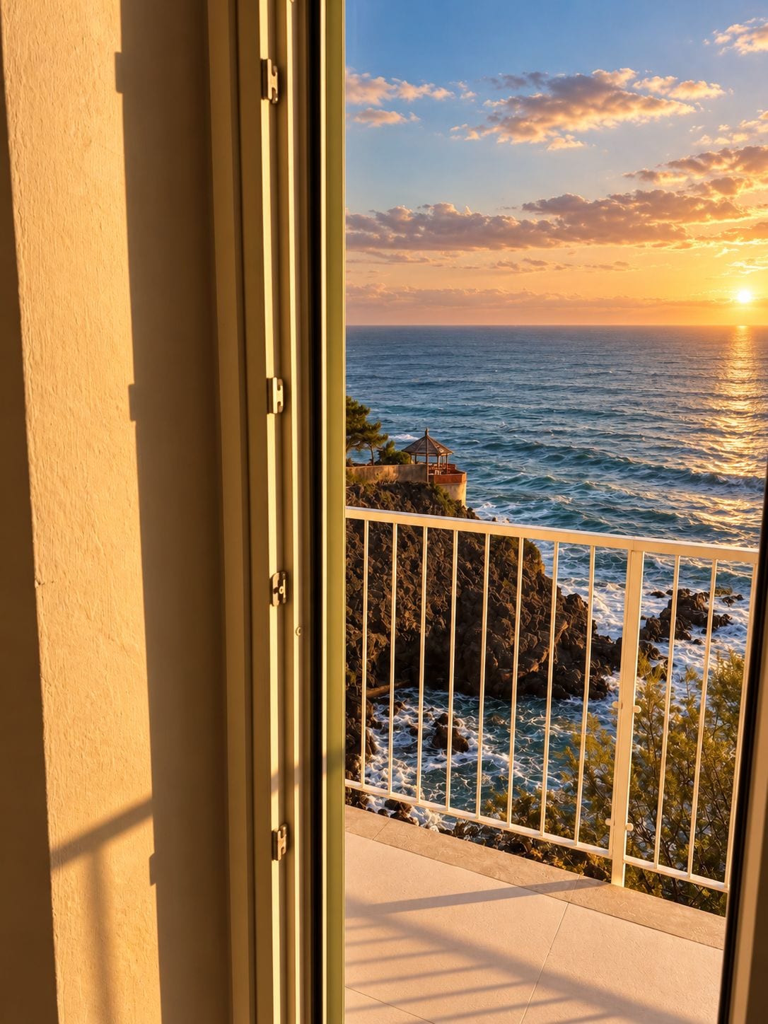 A balcony with a view of the ocean and a sunset.